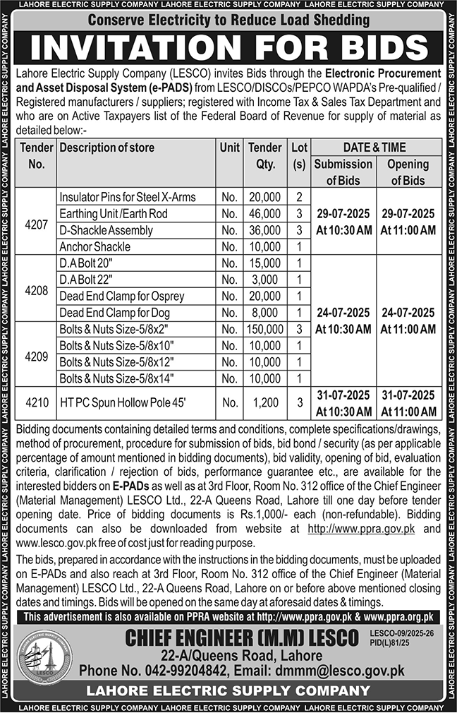 Lahore Electric Supply Company Lahore Tender Notice